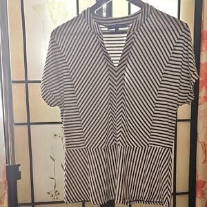 Black and White Boxy Graphic Blouse with Mandarin Collar